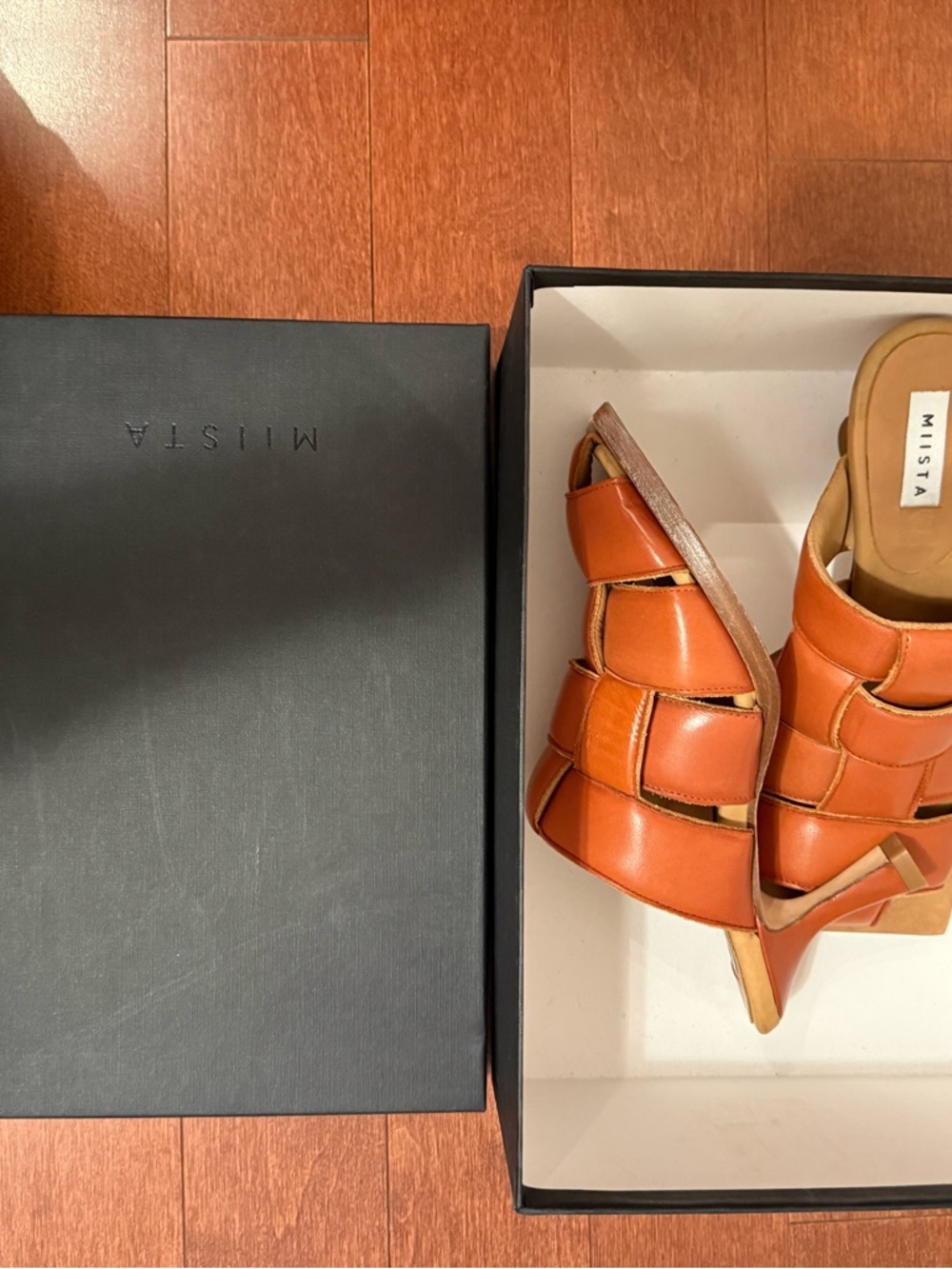 Miista Cognac Brown Woven Leather Mule